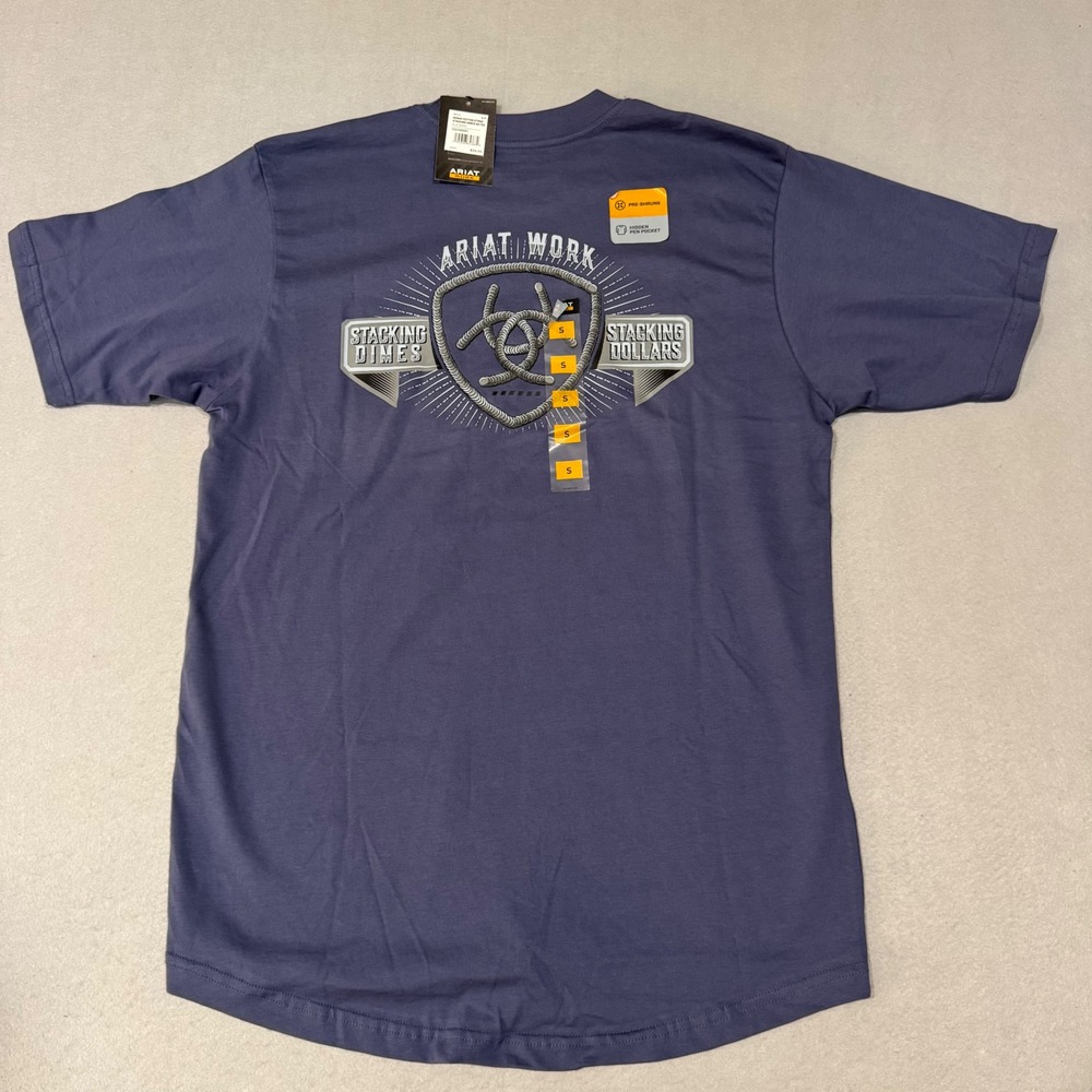 Ariat Rebar Cotton Strong Mens Small Blue Indigo Stacking Dimes Graphic Tee
